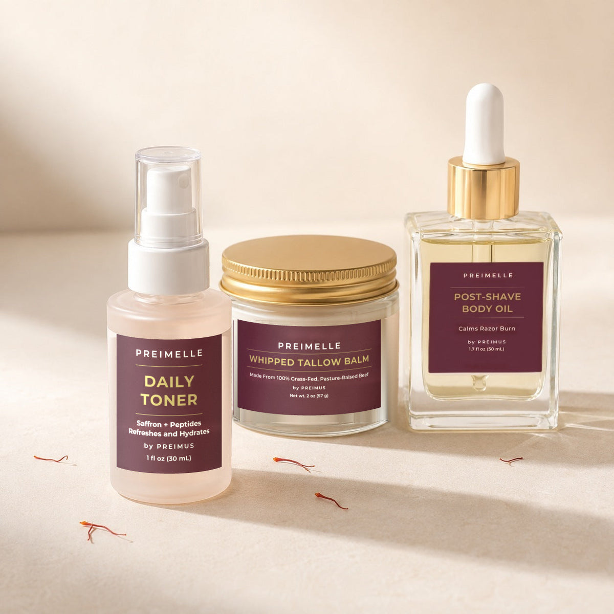 PREIMELLE Daily Toner, Whipped Tallow Balm and Post-Shave Body Oil