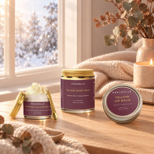 The PREIMELLE Cold Weather Tallow Trio: VALOR, VARIN and VAELO on a table by a snowy window