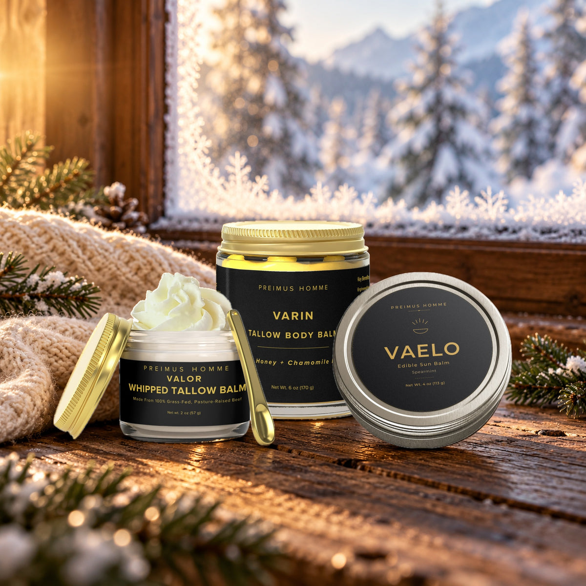 The Cold Weather Tallow Trio: VALOR, VARIN and VAELO on a cabin table in winter