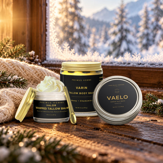 The Cold Weather Tallow Trio: VALOR, VARIN and VAELO on a cabin table in winter