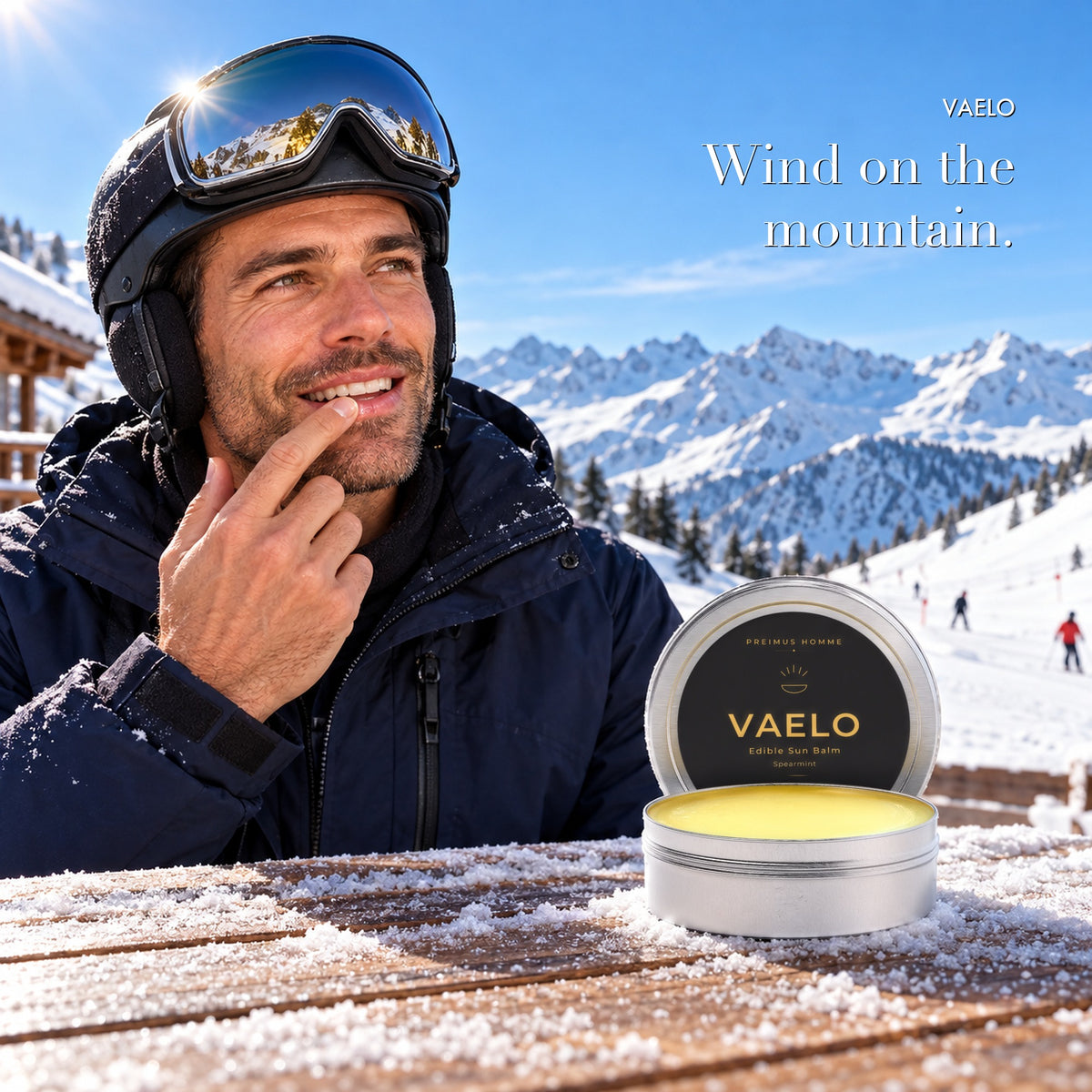 Skier with VAELO tallow lip balm on the lodge table
