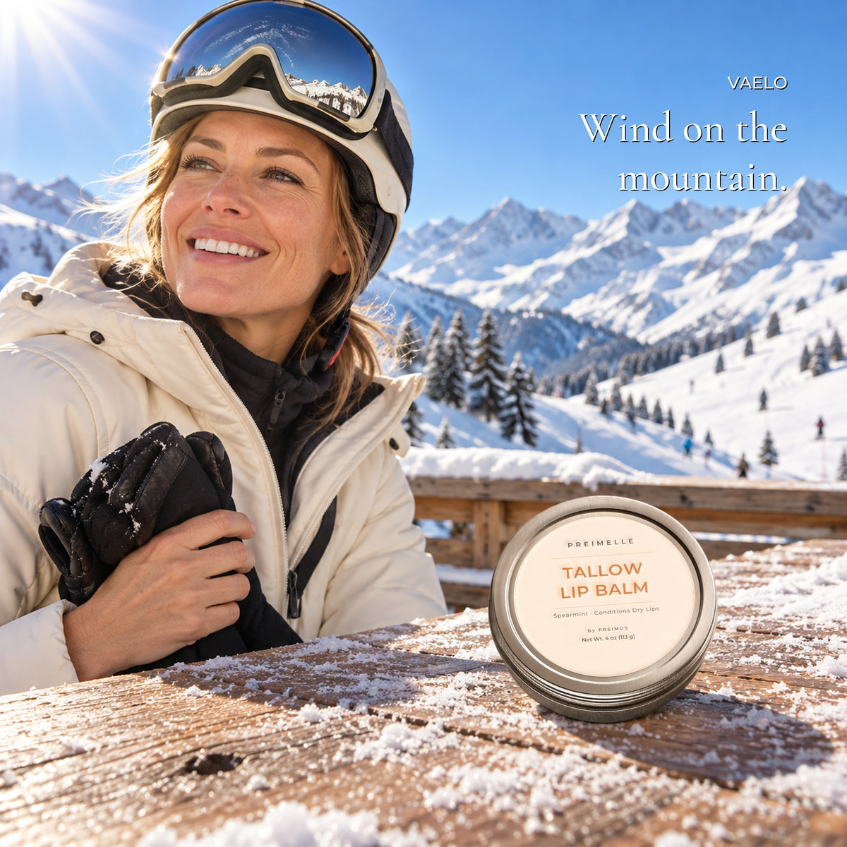 Skier at the lodge with VAELO tallow lip balm on the table