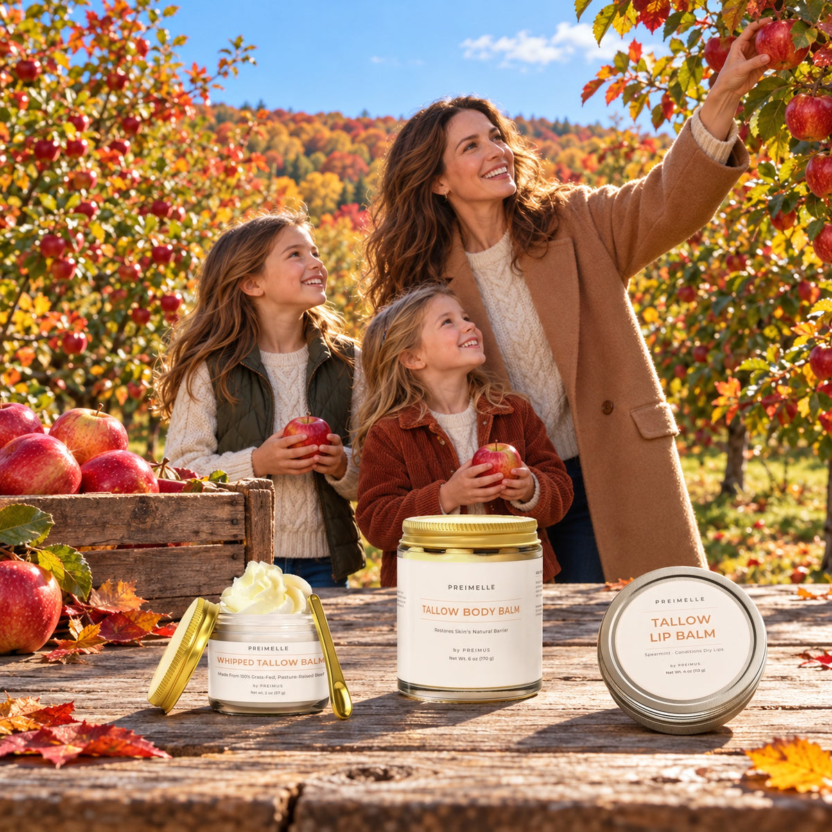 Mother and daughters apple picking with VALOR, VARIN and VAELO
