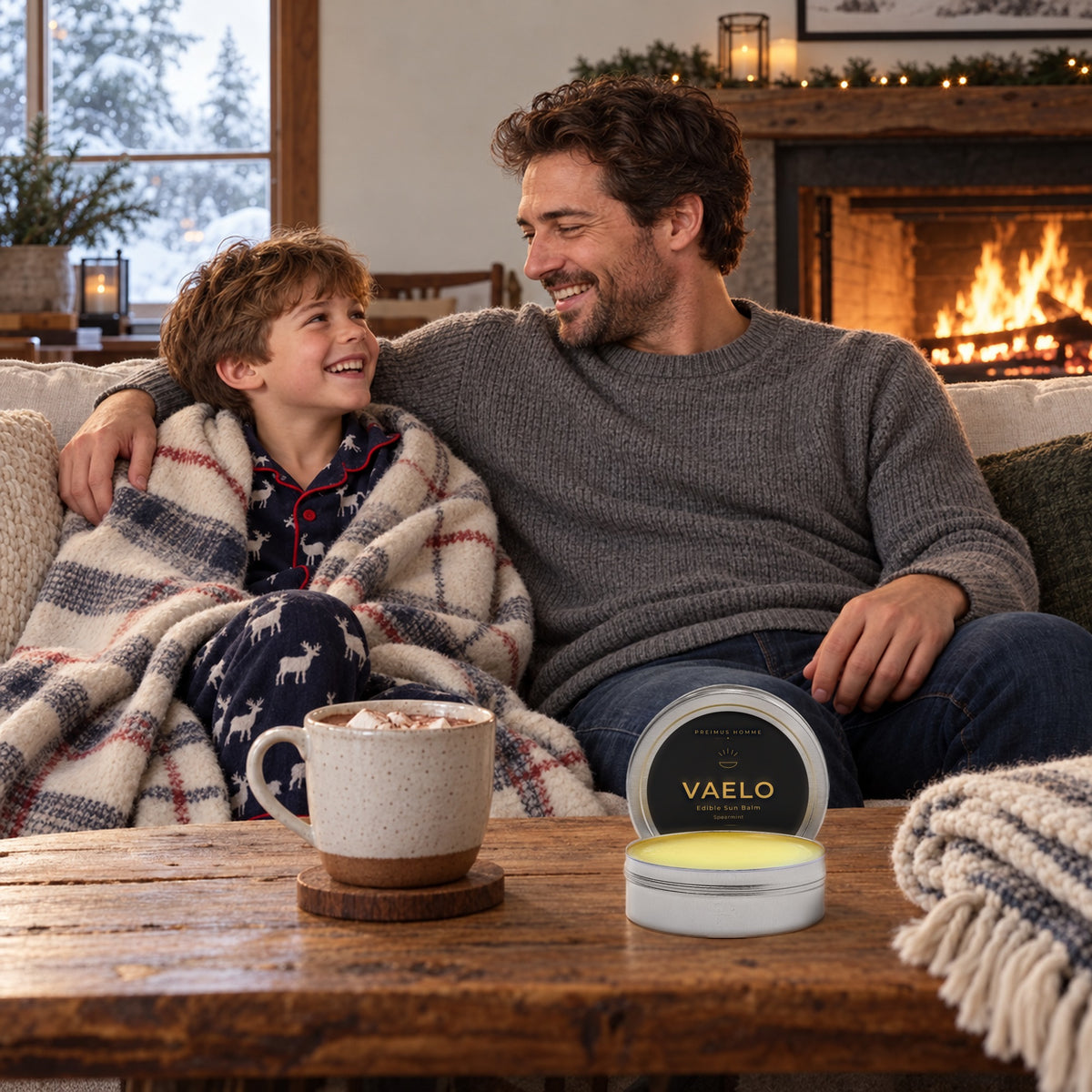 Father and son by the fire with VAELO lip balm on the table
