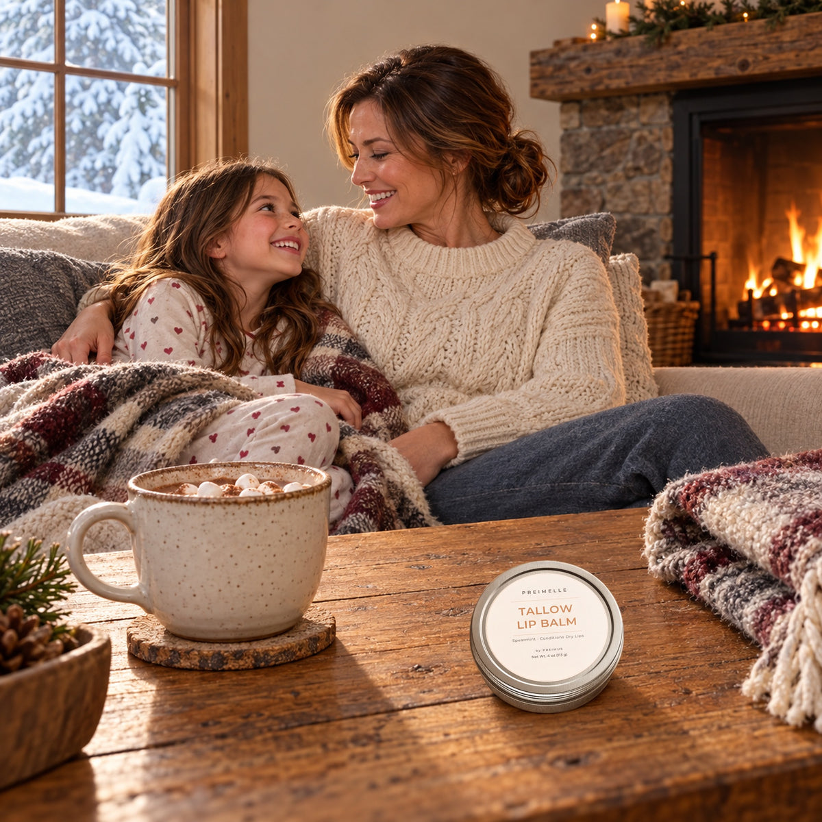 Mother and daughter by the fire with VAELO lip balm on the table