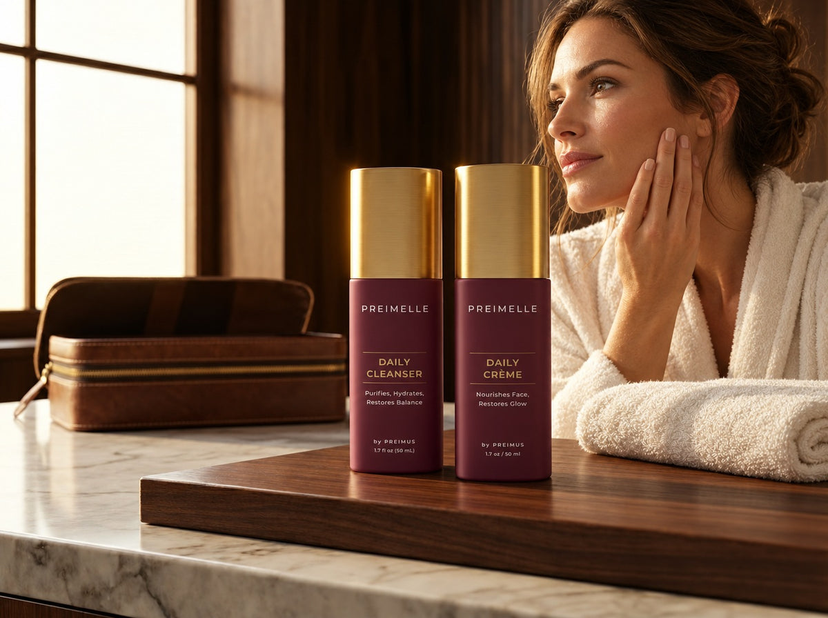 Woman at a sunlit vanity with PREIMELLE Daily Cleanser and Daily Crème