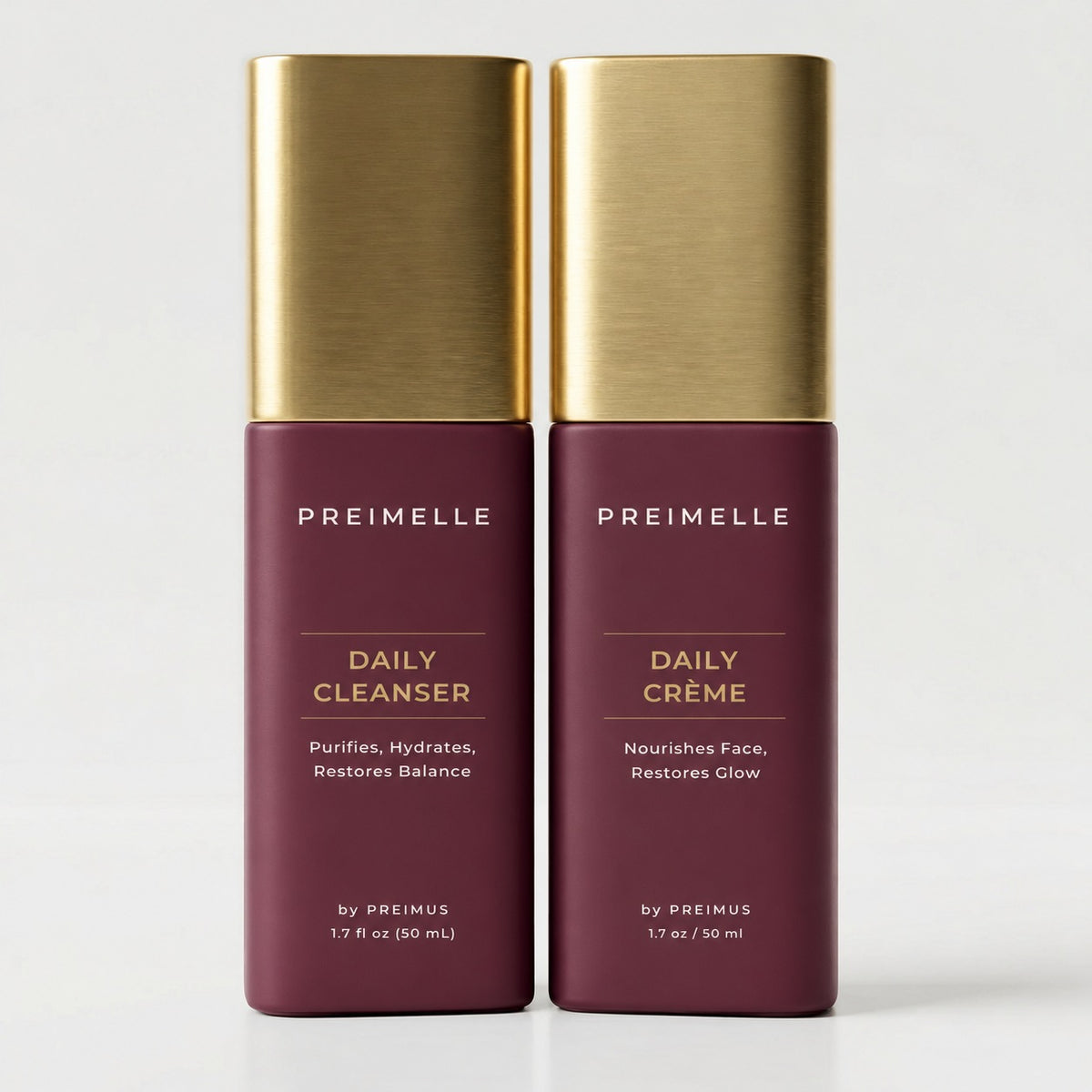 PREIMELLE Daily Cleanser and Daily Crème side by side