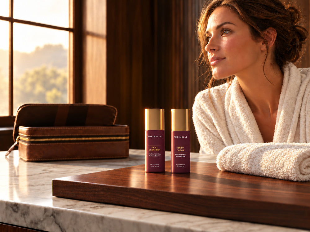 PREIMELLE Daily Cleanser and Daily Crème at a sunlit vanity