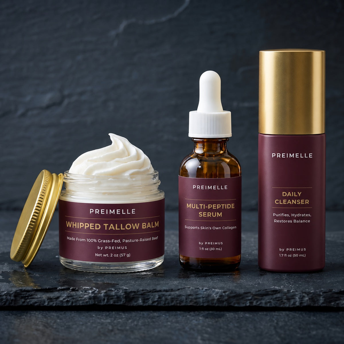 PREIMELLE REBUILD System: Whipped Tallow Balm, Multi-Peptide Serum and Daily Cleanser
