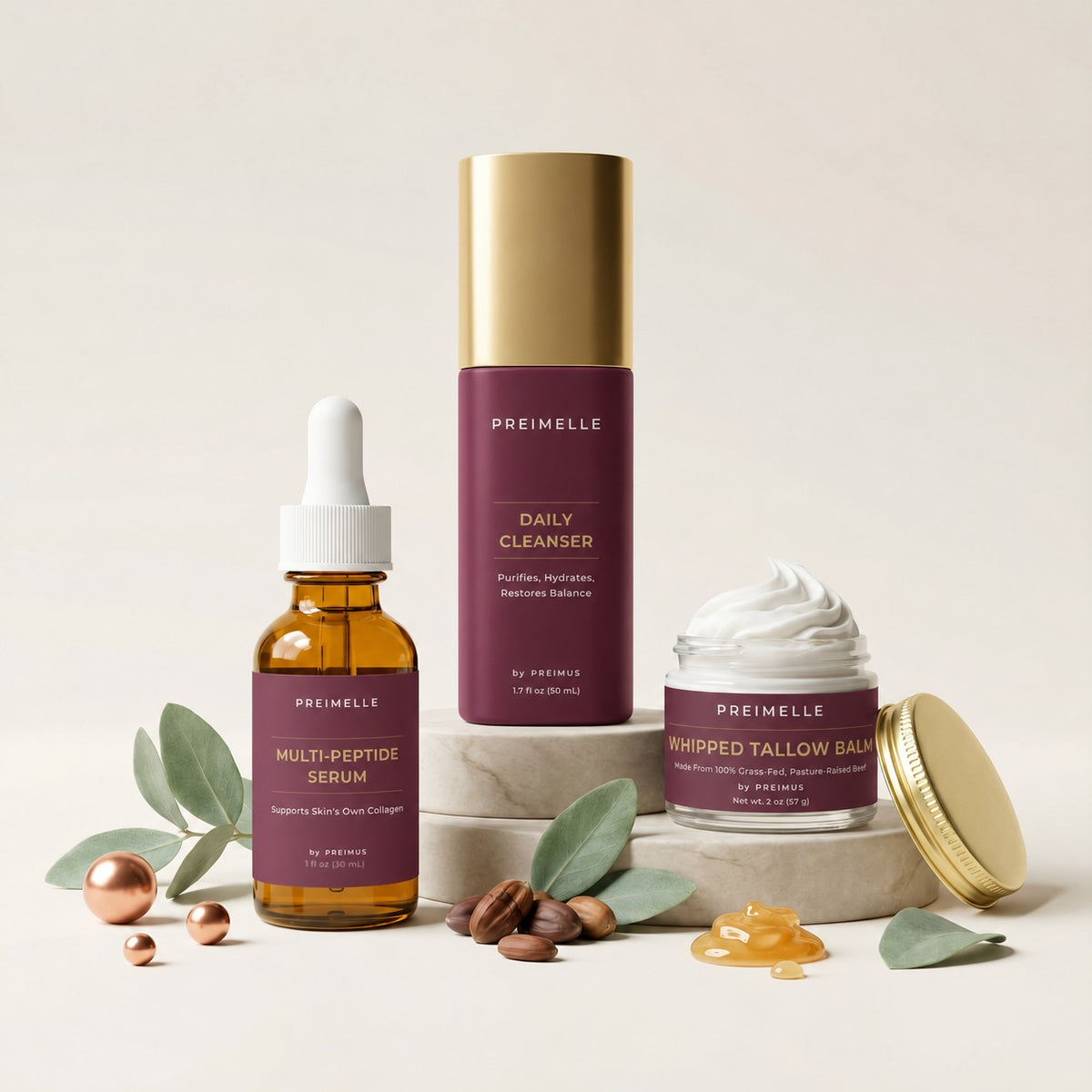 PREIMELLE Multi-Peptide Serum, Daily Cleanser and Whipped Tallow Balm with botanicals