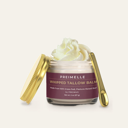 PREIMELLE VALOR Whipped Tallow Balm, open jar with gold lid and spoon