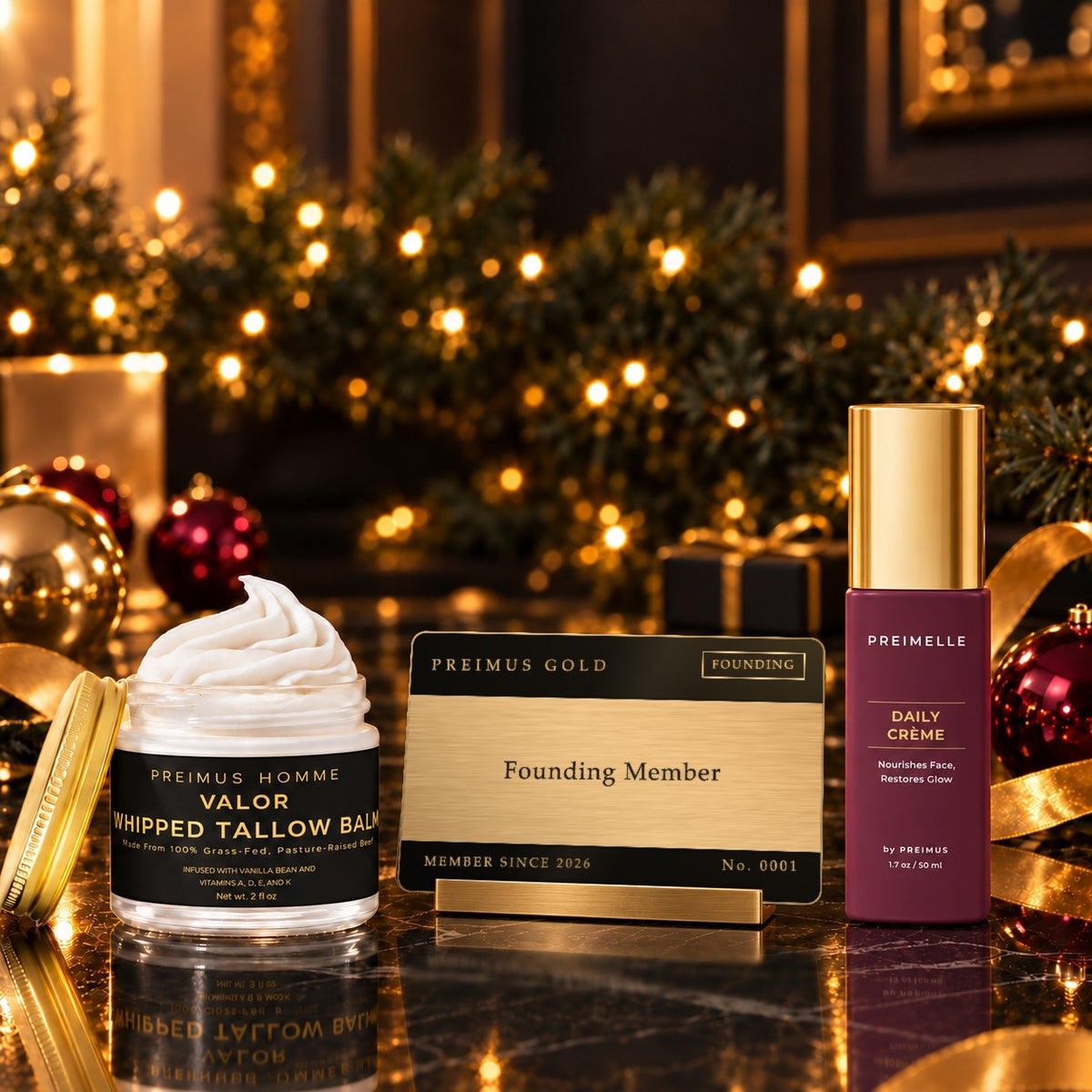 The PREIMUS Gold Founding Member card in a gold stand, with PREIMUS HOMME VALOR and PREIMELLE Daily Crème